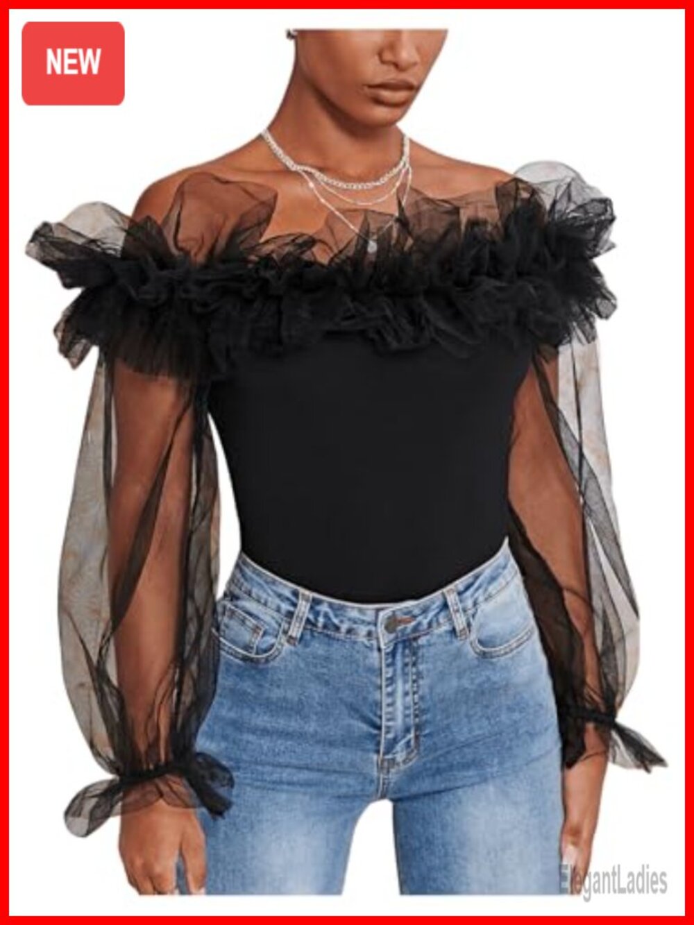 Ruffle Off Shoulder Blouse Mesh Puff Sleeve Fitted Tee - Picture 4 of 6